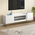 Meuble TV blanc avec portes en verre cannelé et cadre en métal doré