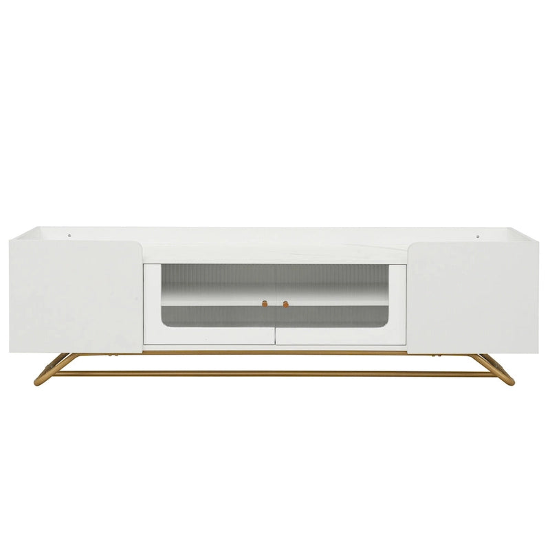 Meuble TV blanc avec portes en verre cannelé et cadre en métal doré