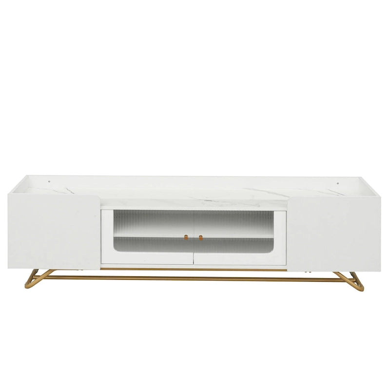 Meuble TV blanc avec portes en verre cannelé et cadre en métal doré
