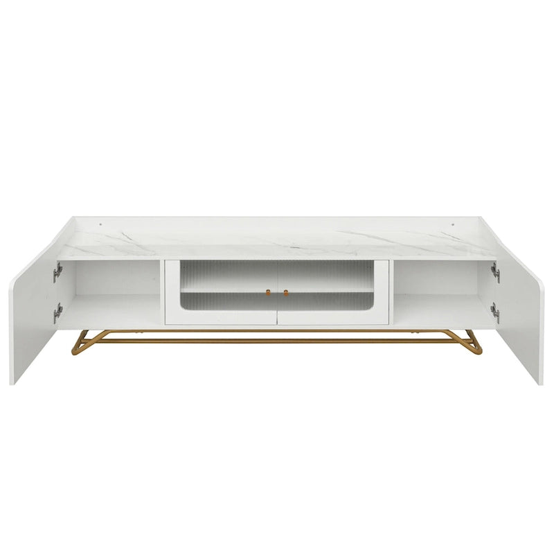 Meuble TV blanc avec portes en verre cannelé et cadre en métal doré