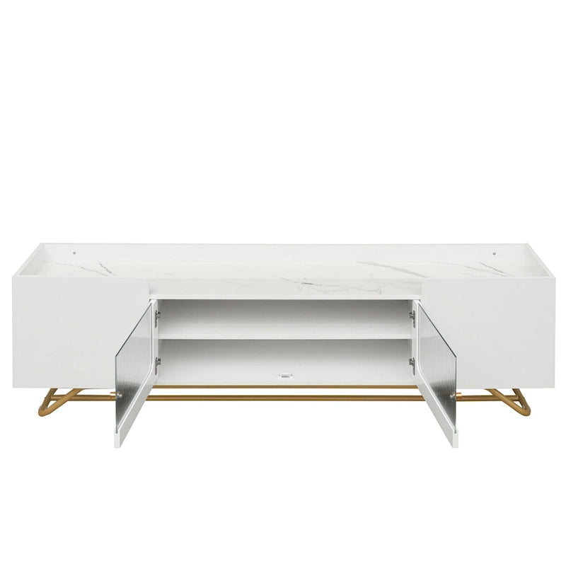 Meuble TV blanc avec portes en verre cannelé et cadre en métal doré