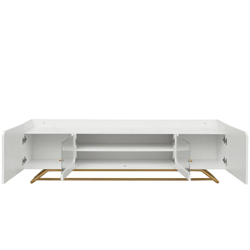 Meuble TV blanc avec portes en verre cannelé et cadre en métal doré