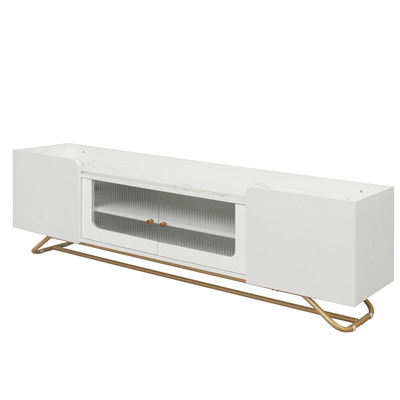 Meuble TV blanc avec portes en verre cannelé et cadre en métal doré
