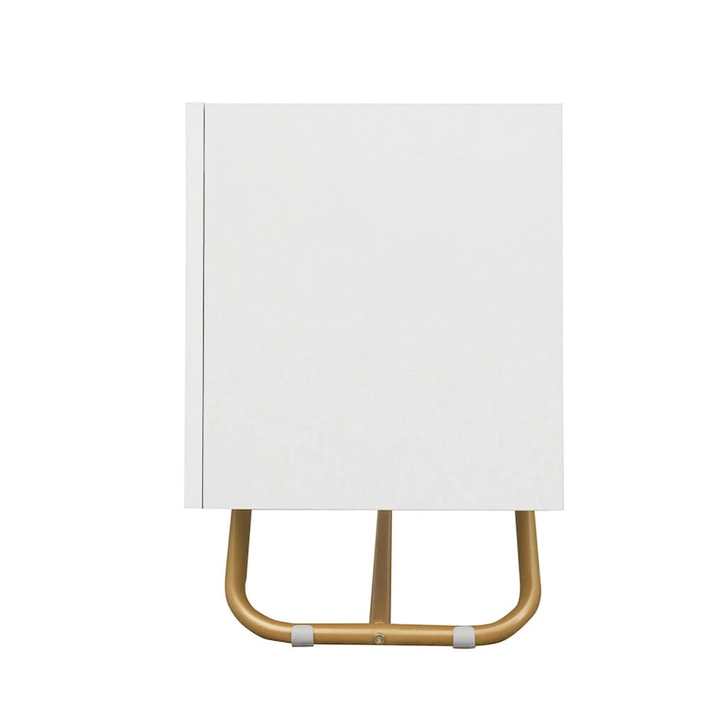Meuble TV blanc avec portes en verre cannelé et cadre en métal doré