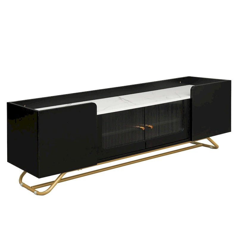 Meuble TV blanc avec portes en verre cannelé et cadre en métal doré