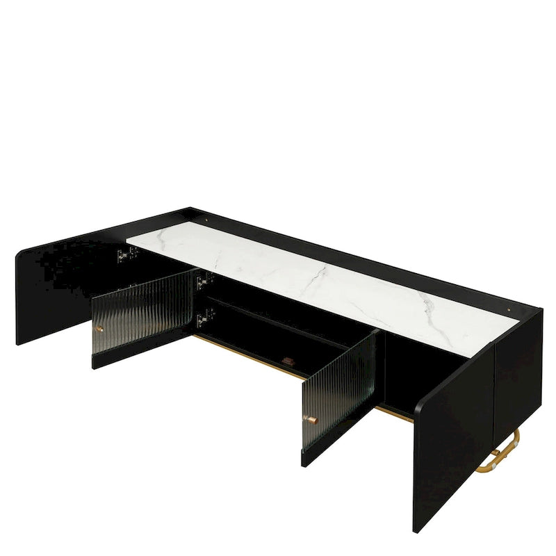 Meuble TV blanc avec portes en verre cannelé et cadre en métal doré