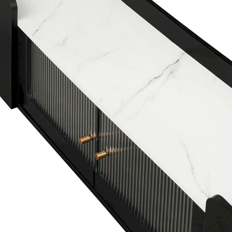 Meuble TV blanc avec portes en verre cannelé et cadre en métal doré