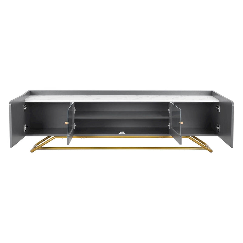 Meuble TV blanc avec portes en verre cannelé et cadre en métal doré