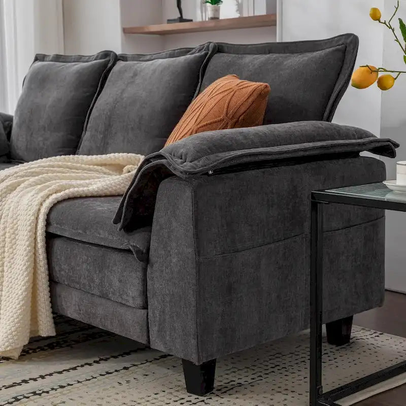Canapé 3 places en chenille avec ports USB et poches latérales, beige gris foncé