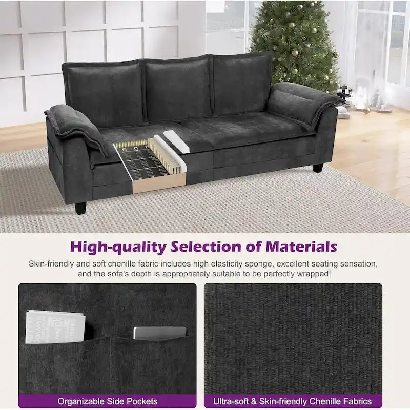 Canapé 3 places en chenille avec ports USB et poches latérales, beige gris foncé