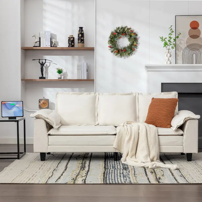 Canapé 3 places en chenille avec ports USB et poches latérales, beige gris foncé