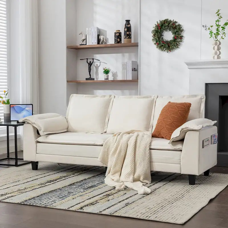 Canapé 3 places en chenille avec ports USB et poches latérales, beige gris foncé