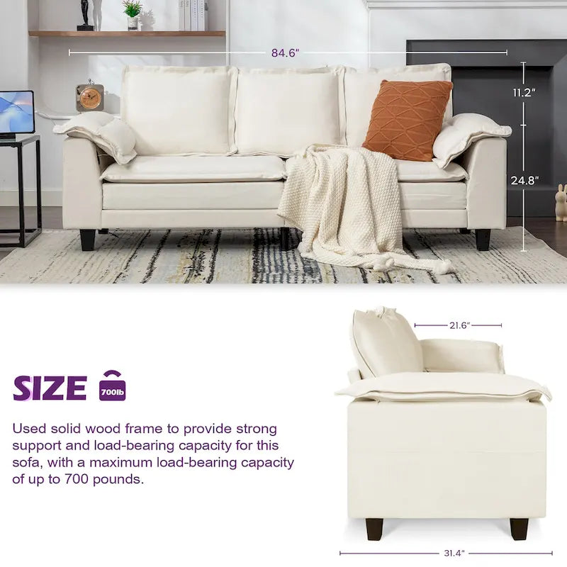 Canapé 3 places en chenille avec ports USB et poches latérales, beige gris foncé