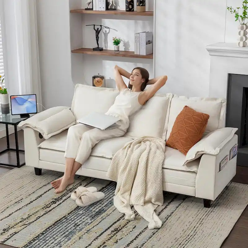 Canapé 3 places en chenille avec ports USB et poches latérales, beige gris foncé