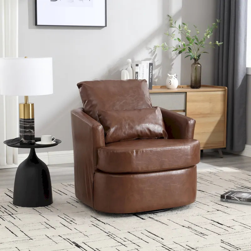 Fauteuil d'appoint rond pivotant en cuir PU avec coussin lombaire marron noir