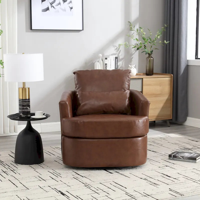 Fauteuil d'appoint rond pivotant en cuir PU avec coussin lombaire marron noir