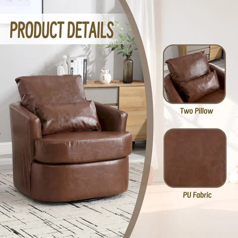 Fauteuil d'appoint rond pivotant en cuir PU avec coussin lombaire marron noir