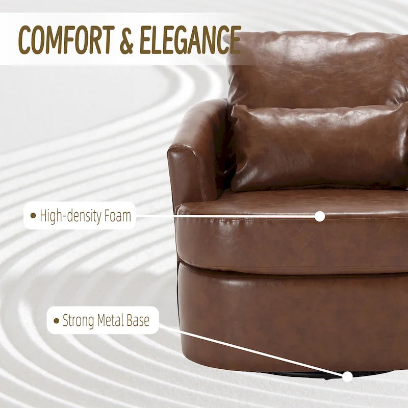 Fauteuil d'appoint rond pivotant en cuir PU avec coussin lombaire marron noir