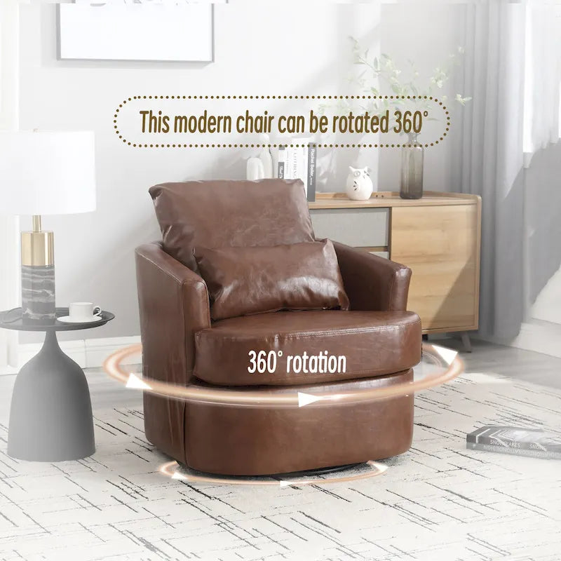 Fauteuil d'appoint rond pivotant en cuir PU avec coussin lombaire marron noir