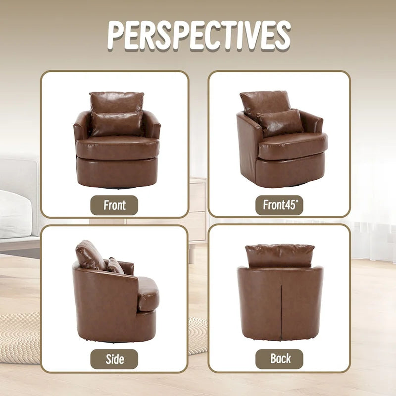 Fauteuil d'appoint rond pivotant en cuir PU avec coussin lombaire marron noir