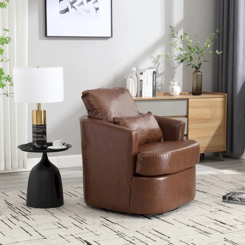 Fauteuil d'appoint rond pivotant en cuir PU avec coussin lombaire marron noir