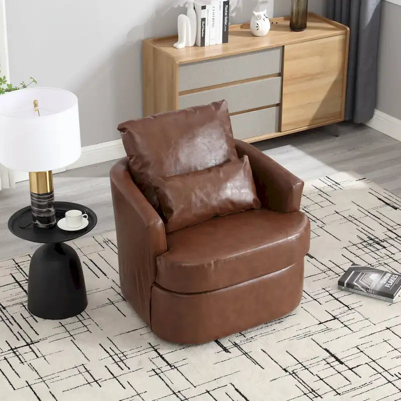 Fauteuil d'appoint rond pivotant en cuir PU avec coussin lombaire marron noir