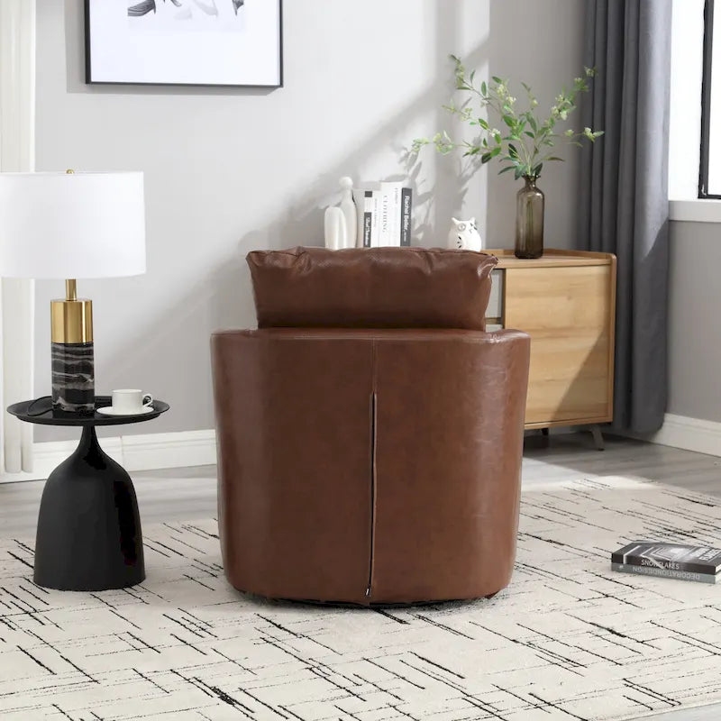 Fauteuil d'appoint rond pivotant en cuir PU avec coussin lombaire marron noir