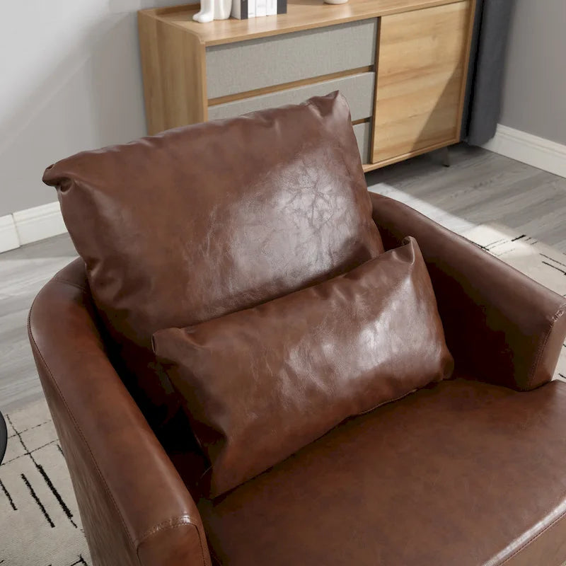 Fauteuil d'appoint rond pivotant en cuir PU avec coussin lombaire marron noir