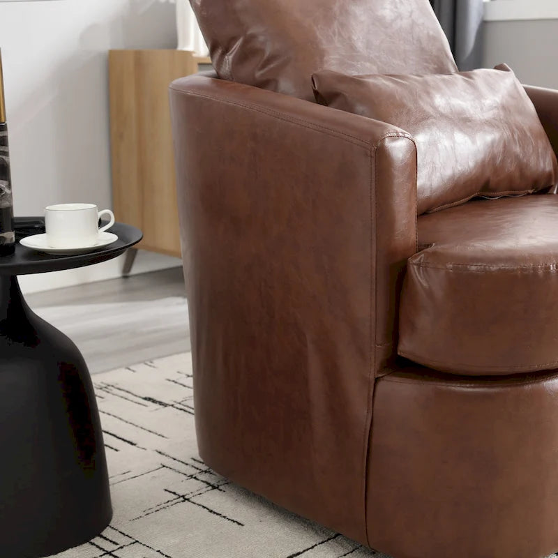 Fauteuil d'appoint rond pivotant en cuir PU avec coussin lombaire marron noir
