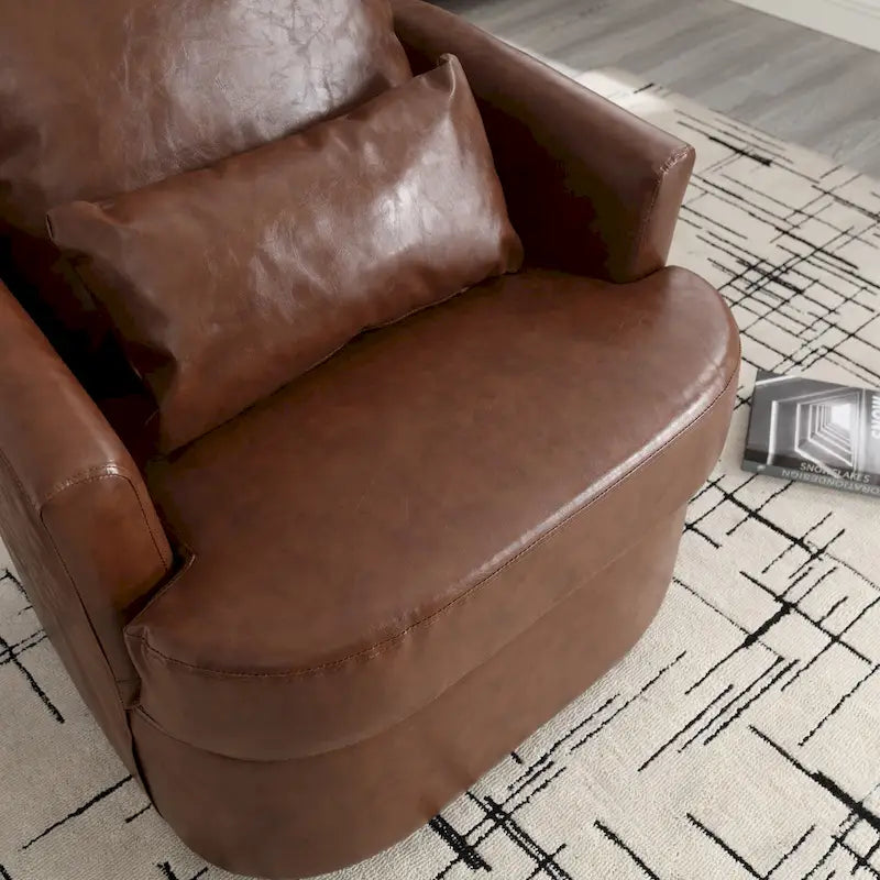 Fauteuil d'appoint rond pivotant en cuir PU avec coussin lombaire marron noir