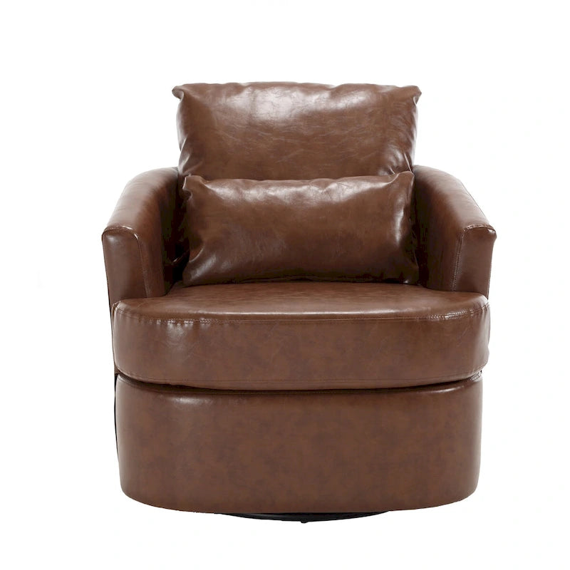 Fauteuil d'appoint rond pivotant en cuir PU avec coussin lombaire marron noir