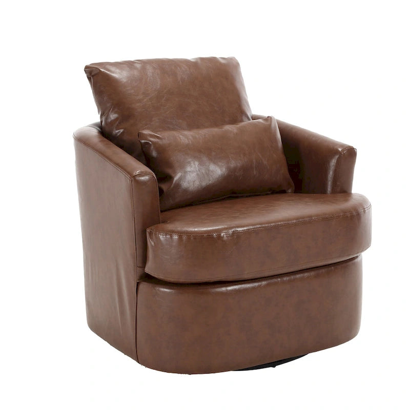 Fauteuil d'appoint rond pivotant en cuir PU avec coussin lombaire marron noir