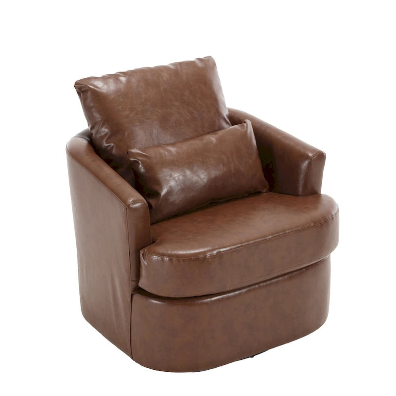 Fauteuil d'appoint rond pivotant en cuir PU avec coussin lombaire marron noir