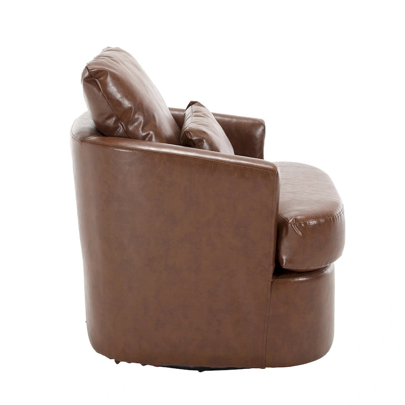 Fauteuil d'appoint rond pivotant en cuir PU avec coussin lombaire marron noir