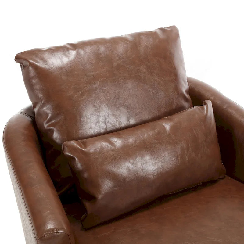 Fauteuil d'appoint rond pivotant en cuir PU avec coussin lombaire marron noir