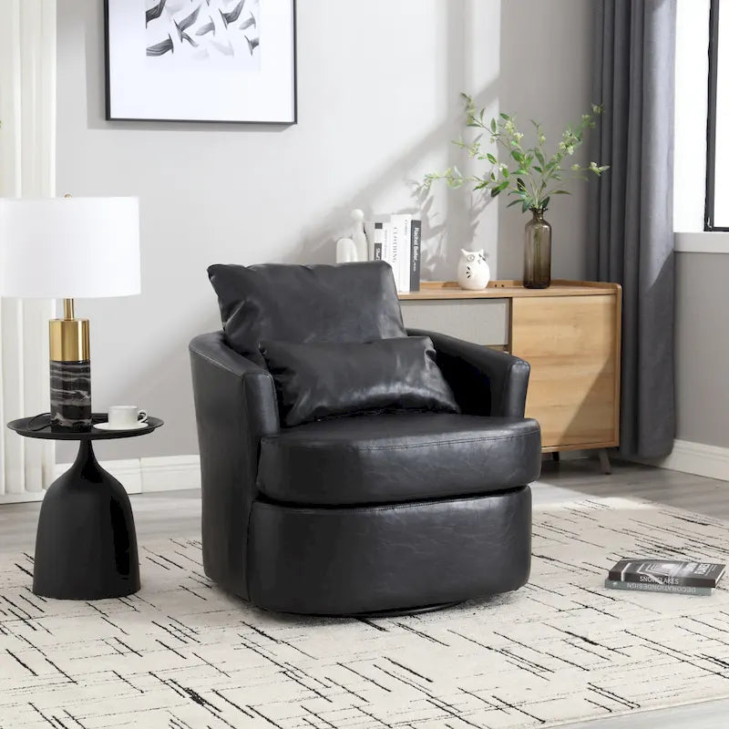 Fauteuil d'appoint rond pivotant en cuir PU avec coussin lombaire marron noir
