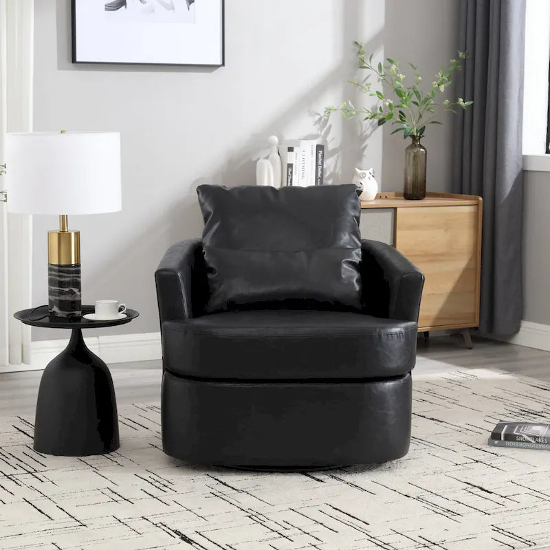 Fauteuil d'appoint rond pivotant en cuir PU avec coussin lombaire marron noir