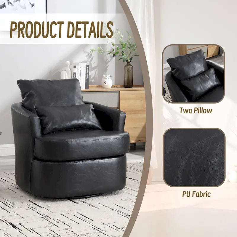 Fauteuil d'appoint rond pivotant en cuir PU avec coussin lombaire marron noir