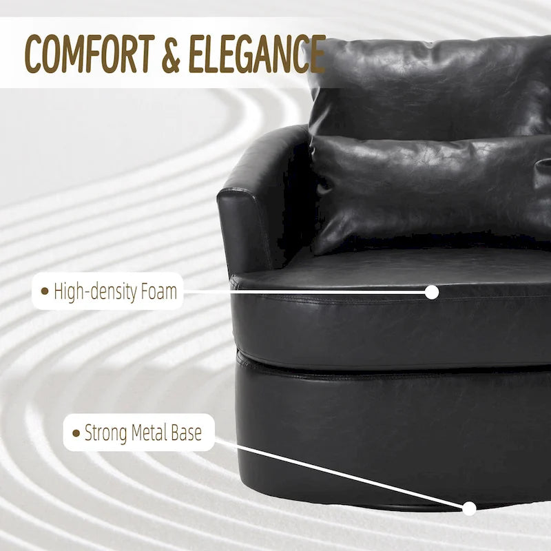 Fauteuil d'appoint rond pivotant en cuir PU avec coussin lombaire marron noir