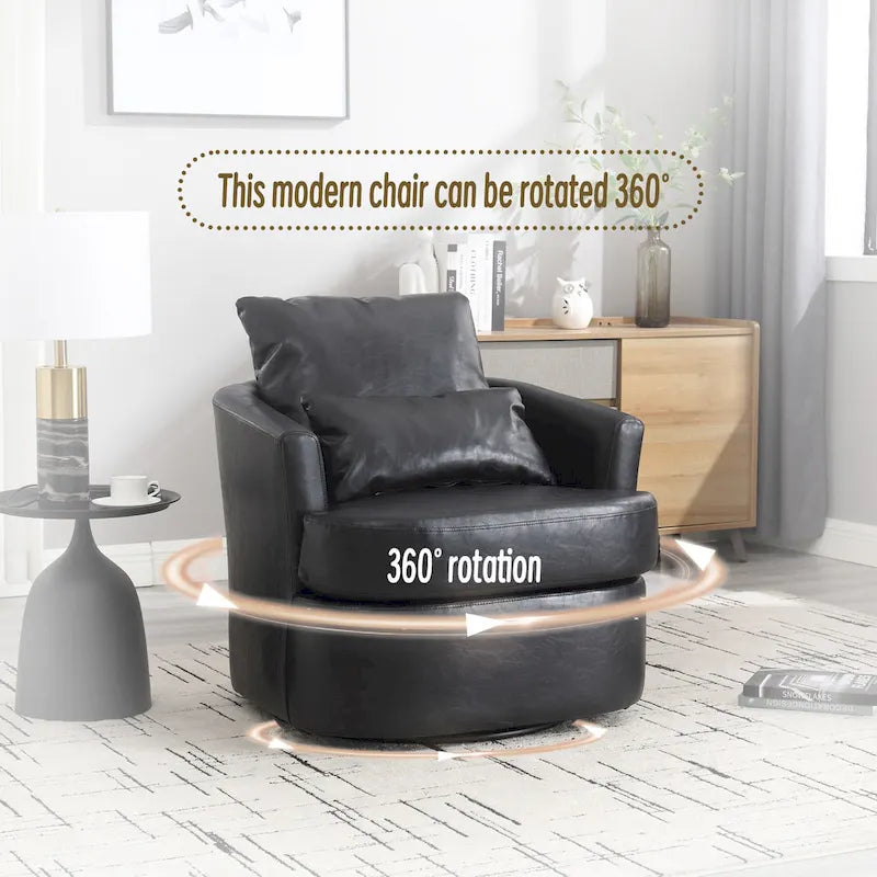 Fauteuil d'appoint rond pivotant en cuir PU avec coussin lombaire marron noir