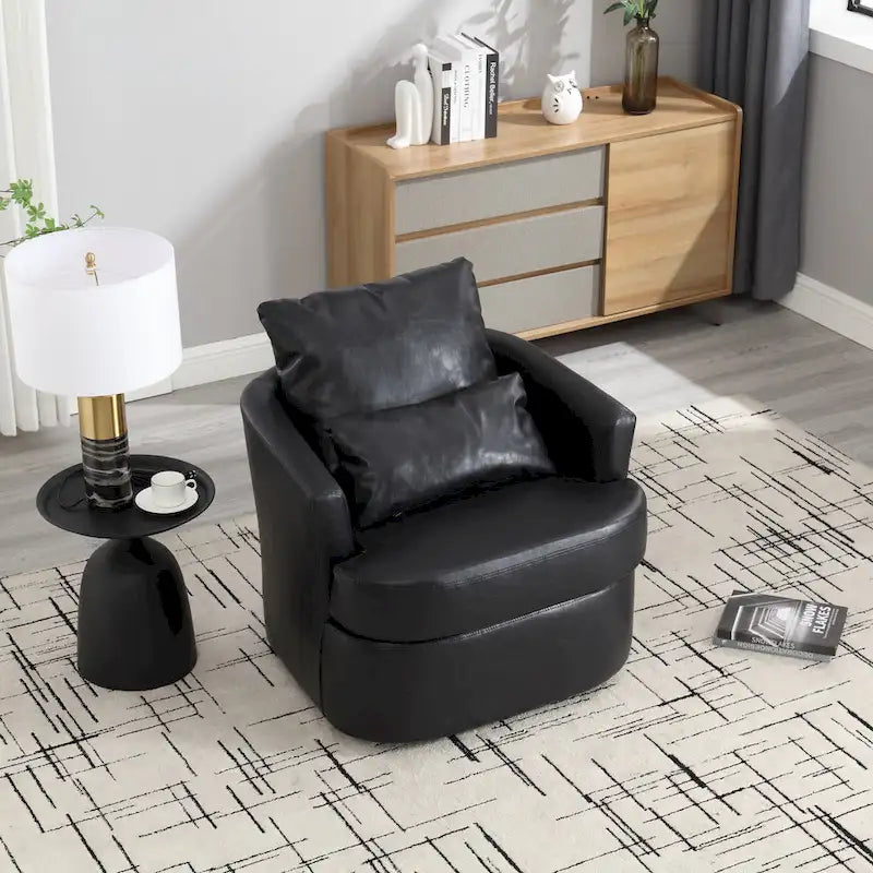 Fauteuil d'appoint rond pivotant en cuir PU avec coussin lombaire marron noir