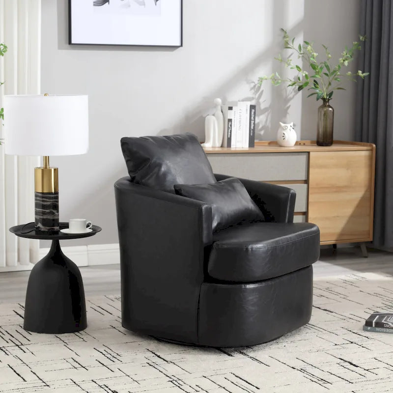 Fauteuil d'appoint rond pivotant en cuir PU avec coussin lombaire marron noir