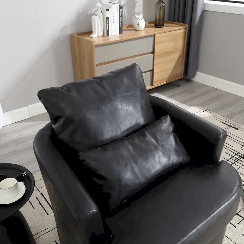 Fauteuil d'appoint rond pivotant en cuir PU avec coussin lombaire marron noir