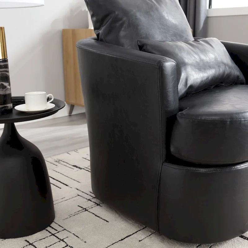 Fauteuil d'appoint rond pivotant en cuir PU avec coussin lombaire marron noir