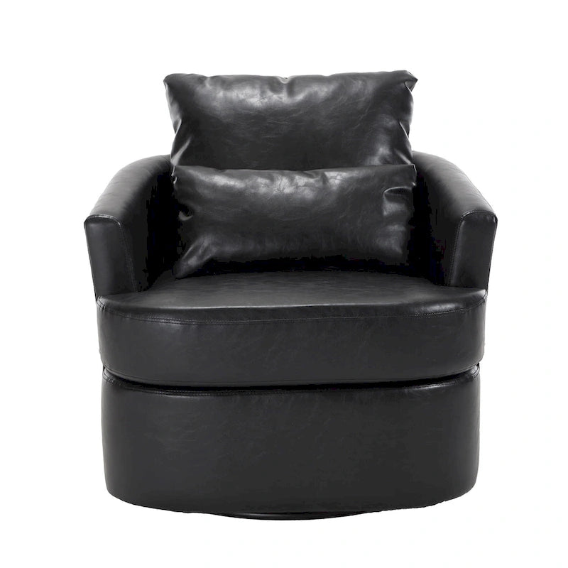 Fauteuil d'appoint rond pivotant en cuir PU avec coussin lombaire marron noir