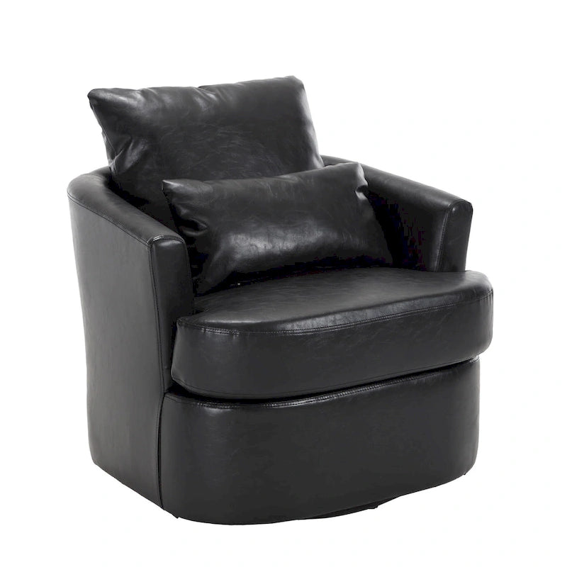 Fauteuil d'appoint rond pivotant en cuir PU avec coussin lombaire marron noir