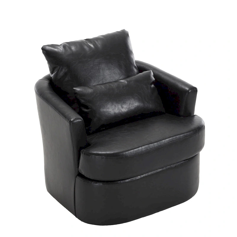 Fauteuil d'appoint rond pivotant en cuir PU avec coussin lombaire marron noir