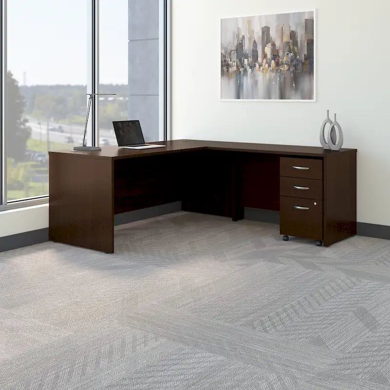 Bureau d'angle avec tiroirs et gestion des câbles, couleur moka-cerise