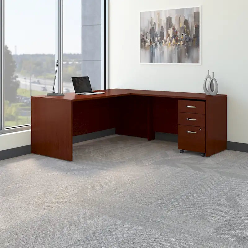 Bureau d'angle avec tiroirs et gestion des câbles, couleur moka-cerise