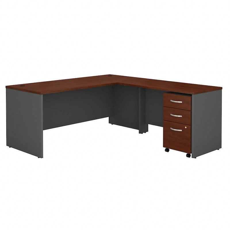 Bureau d'angle avec tiroirs et gestion des câbles, couleur moka-cerise